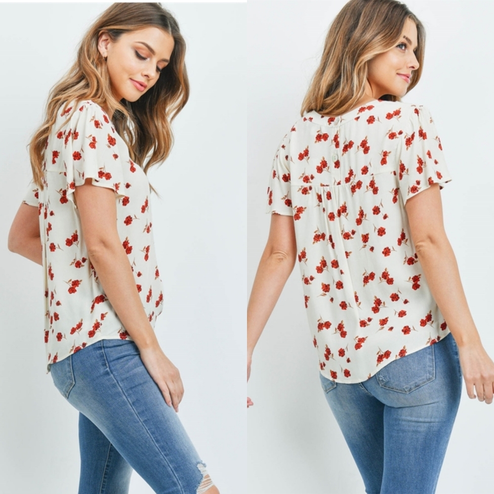 BOGO FREE! Floral flutter sleeve top with button back detail
